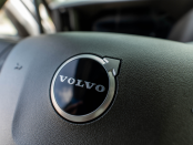 Volvo logo on steering wheel of a 2027 Volvo VNL 860