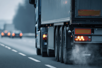 A semi-truck and trailer driving away behind traffic on a highway with exhaust coming from truck