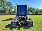 Rear of a blue 2022 Freightliner Cascadia